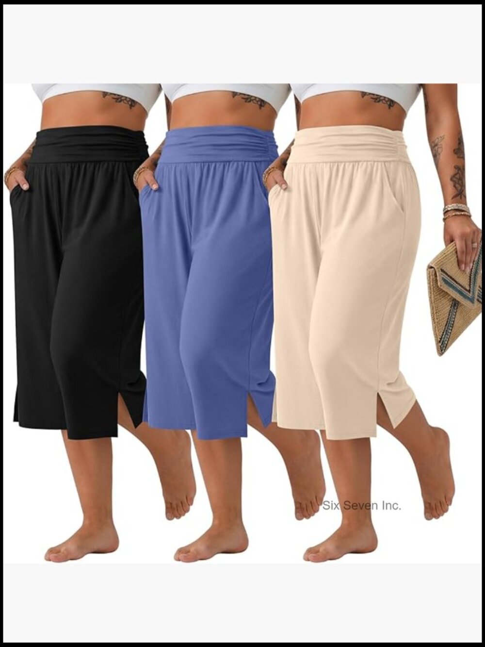 3-Pack Plus Size Cotton Capri Pants High Waisted Wide Leg Lounge Yoga Cropped